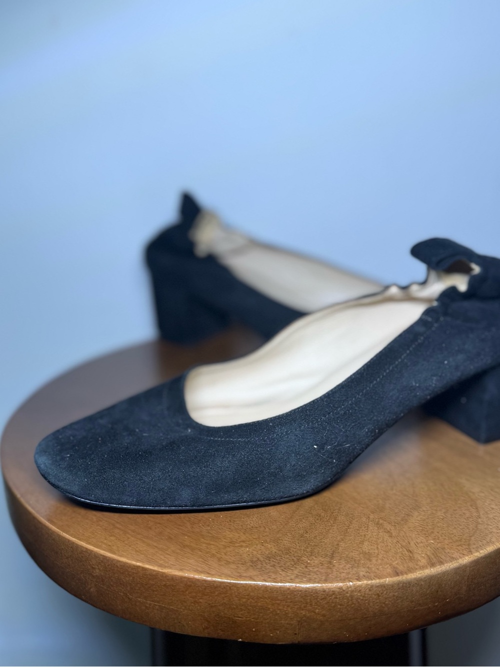 Everlane Black Suede Low Block Heel Pumps with Back Bow